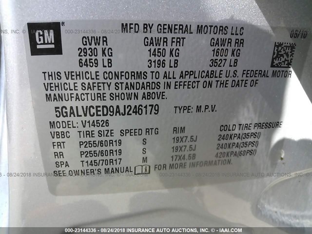 5GALVCED9AJ246179 - 2010 BUICK ENCLAVE CXL SILVER photo 9