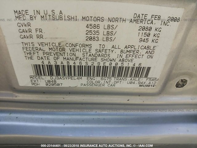 4A3AB46S29E005146 - 2009 MITSUBISHI GALANT SPORT SILVER photo 9