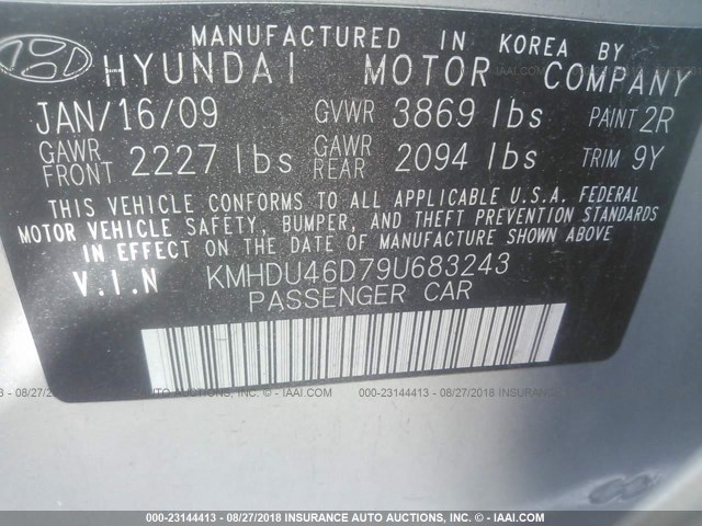 KMHDU46D79U683243 - 2009 HYUNDAI ELANTRA GLS/SE SILVER photo 9