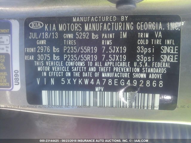 5XYKW4A78EG492868 - 2014 KIA SORENTO SX/SX LIMITED GRAY photo 9