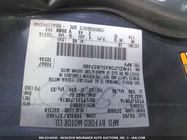 1FMZU73K45UB57480 - 2005 FORD EXPLORER XLT/XLT SPORT/NBX 蓝色 照片 9