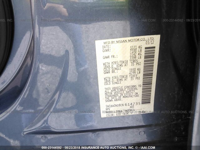 5N1BA0ND8CN614735 - 2012 NISSAN ARMADA SV/SL/PLATINUM BLUE photo 9