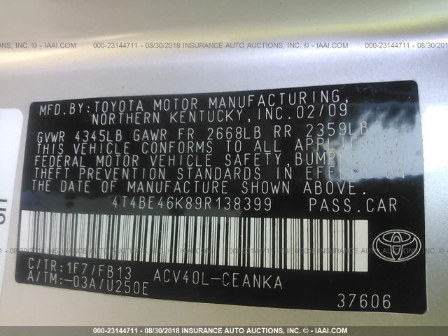 4T4BE46K89R138399 - 2009 TOYOTA CAMRY SE/LE/XLE 银色 照片 9