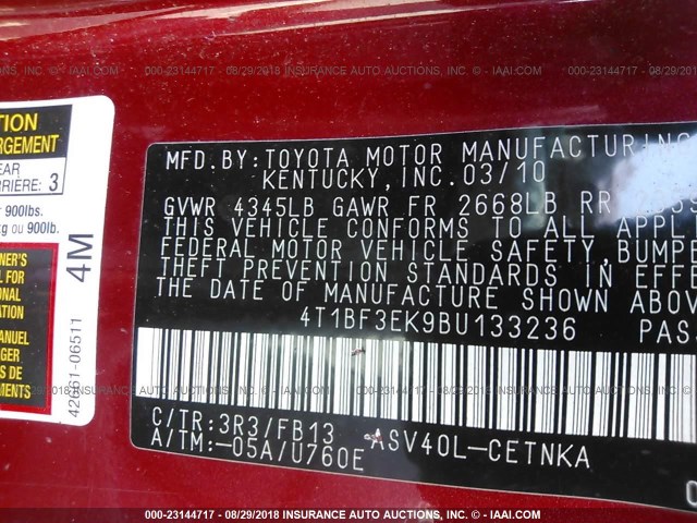 4T1BF3EK9BU133236 - 2011 TOYOTA CAMRY SE/LE/XLE 红色 照片 9