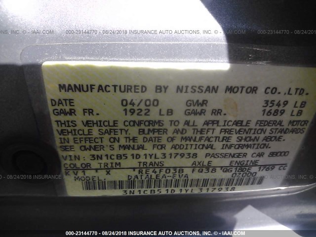 3N1CB51D1YL317938 - 2000 NISSAN SENTRA XE/GXE GRAY photo 9