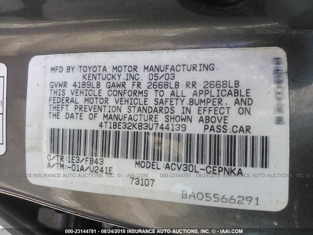 4T1BE32K83U744139 - 2003 TOYOTA CAMRY LE/XLE/SE GRAY photo 9
