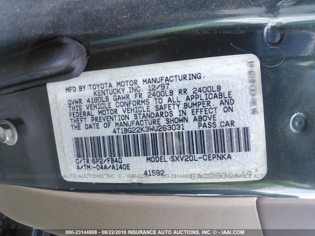 4T1BG22K3WU263031 - 1998 TOYOTA CAMRY CE/LE/XLE 绿色 照片 9