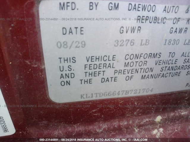 KL1TD66647B721704 - 2007 CHEVROLET AVEO LS RED photo 9