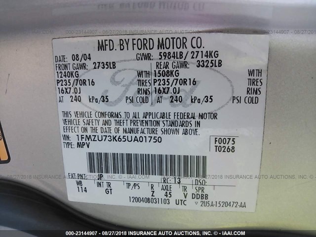 1FMZU73K65UA01750 - 2005 FORD EXPLORER XLT/XLT SPORT/NBX 米色 照片 9