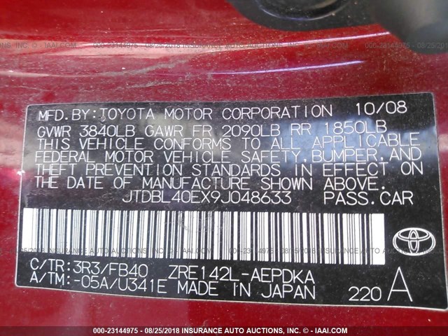 JTDBL40EX9J048633 - 2009 TOYOTA COROLLA LE/XLE RED photo 9