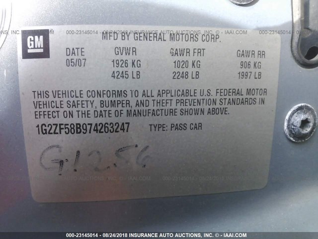 1G2ZF58B974263247 - 2007 PONTIAC G6 VALUE LEADER/BASE GRAY photo 9