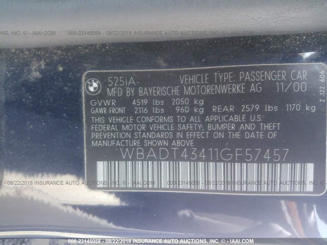 WBADT43411GF57457 - 2001 BMW 525 I AUTOMATIC BLUE photo 9