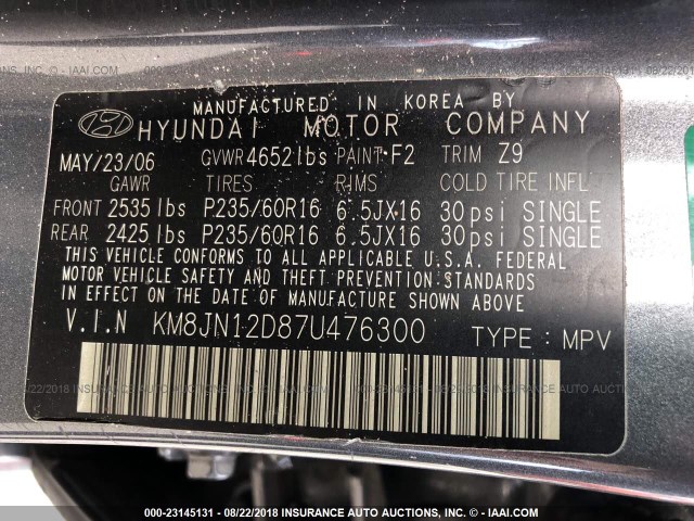 KM8JN12D87U476300 - 2007 HYUNDAI TUCSON SE/LIMITED GRAY photo 9