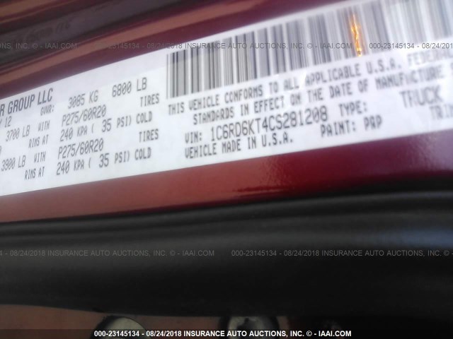 1C6RD6KT4CS281208 - 2012 DODGE RAM 1500 ST MAROON photo 9