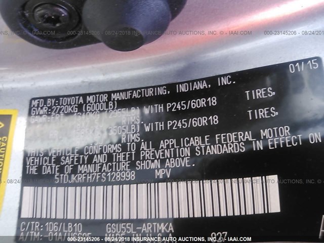 5TDJKRFH7FS128998 - 2015 TOYOTA HIGHLANDER XLE ნაცრისფერი ფოტო 9