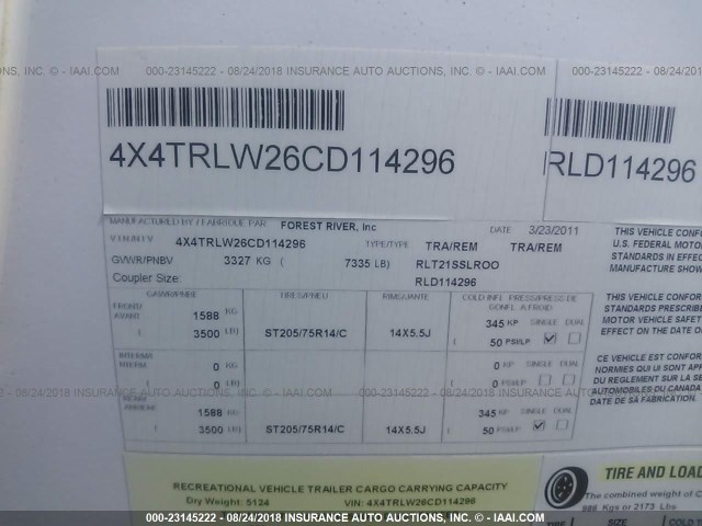 4X4TRLW26CD114296 - 2012 FOREST RIVER ROCKWOOD ROO  白色 照片 9