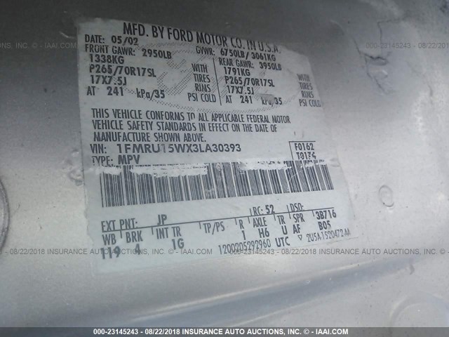 1FMRU15WX3LA30393 - 2003 FORD EXPEDITION XLT SILVER photo 9