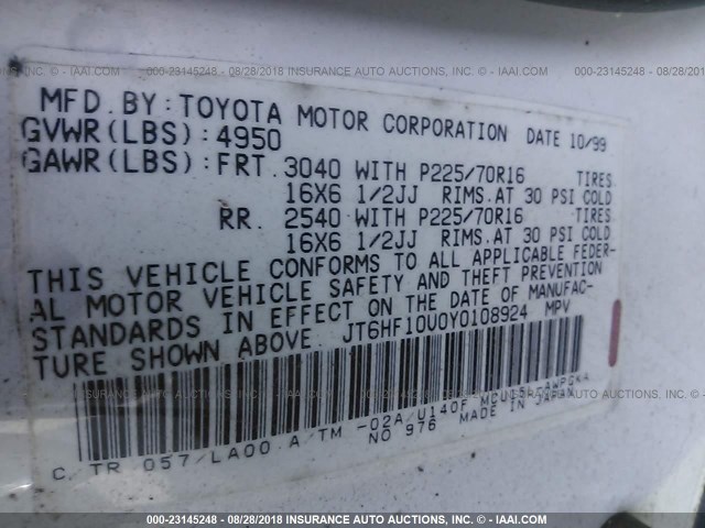 JT6HF10U0Y0108924 - 2000 LEXUS RX 300 WHITE photo 9