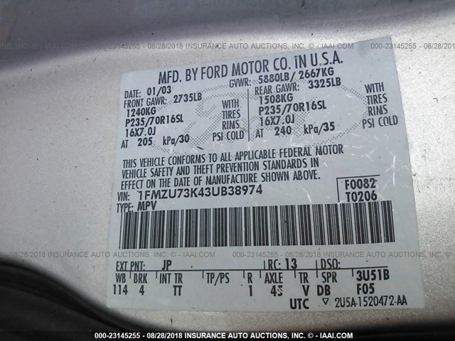 1FMZU73K43UB38974 - 2003 FORD EXPLORER XLT/XLT SPORT/NBX 银色 照片 9