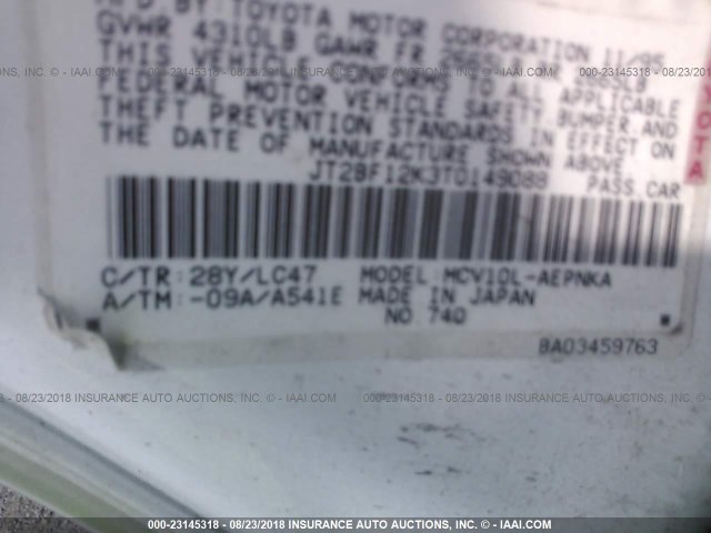 JT2BF12K3T0149088 - 1996 TOYOTA CAMRY LE/XLE/SE Ağ foto 9