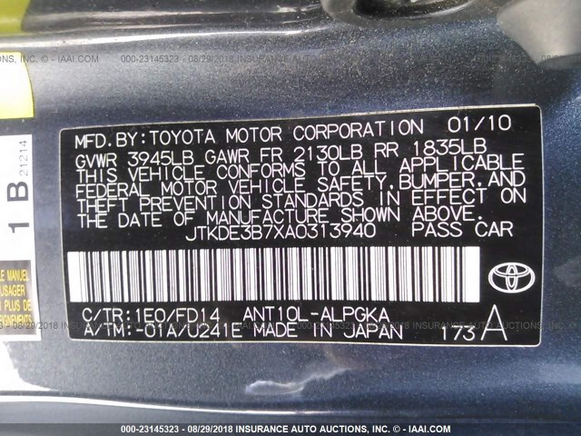 JTKDE3B7XA0313940 - 2010 TOYOTA SCION TC 灰色 照片 9