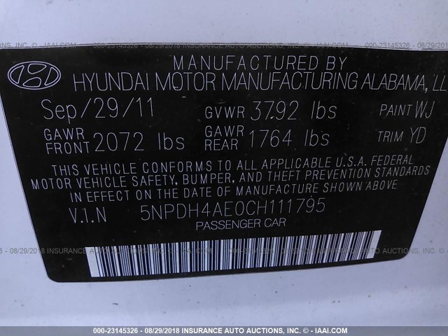 5NPDH4AE0CH111795 - 2012 HYUNDAI ELANTRA GLS/LIMITED WHITE photo 9