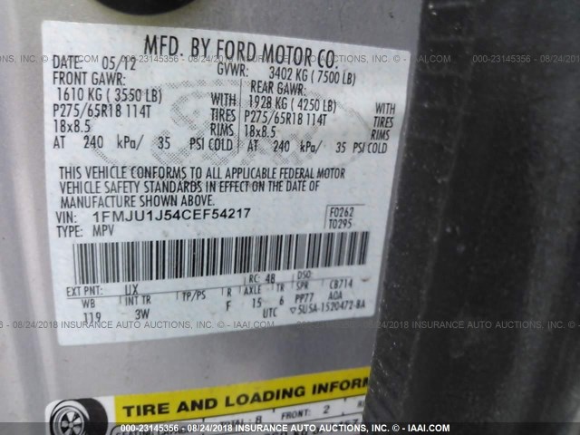 1FMJU1J54CEF54217 - 2012 FORD EXPEDITION XLT/KING RANCH SILVER photo 9