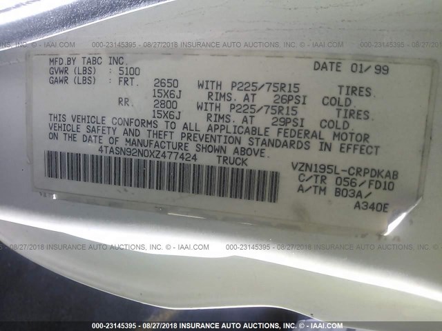 4TASN92N0XZ477424 - 1999 TOYOTA TACOMA XTRACAB PRERUNNER თეთრი ფოტო 9