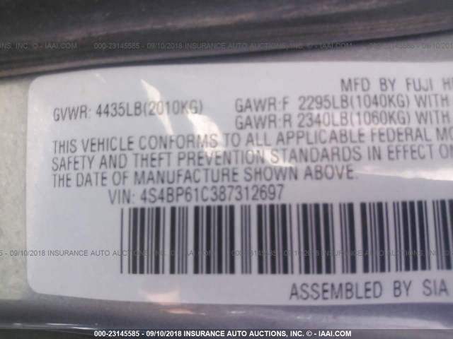 4S4BP61C387312697 - 2008 SUBARU OUTBACK 2.5I GRAY photo 9