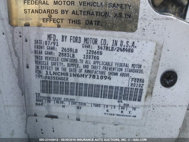 1LNCM81W6MY781094 - 1991 LINCOLN TOWN CAR EXECUTIVE Черный фото 9