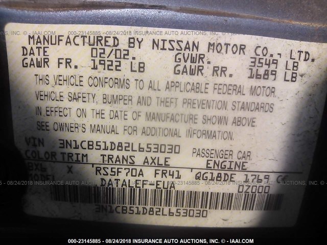 3N1CB51D82L653030 - 2002 NISSAN SENTRA XE/GXE BLUE photo 9