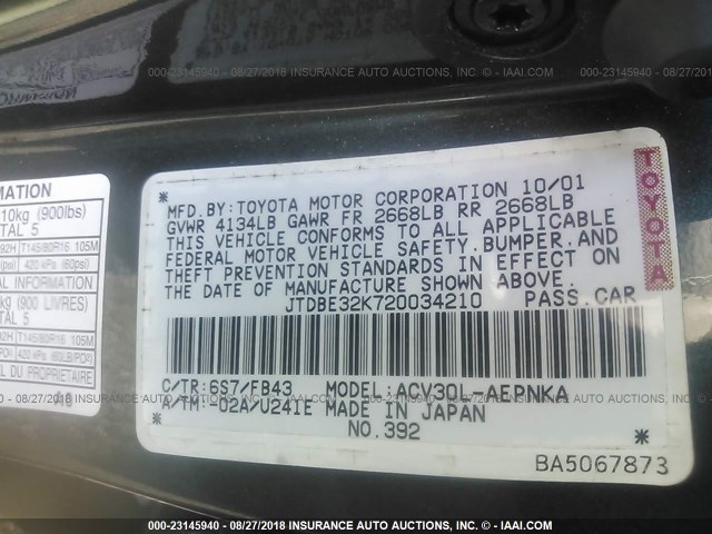 JTDBE32K720034210 - 2002 TOYOTA CAMRY LE/XLE/SE 灰色 照片 9