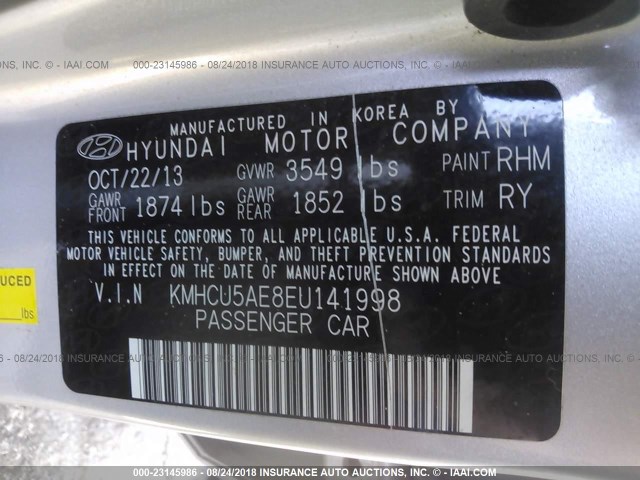 KMHCU5AE8EU141998 - 2014 HYUNDAI ACCENT GLS/SE SILVER photo 9