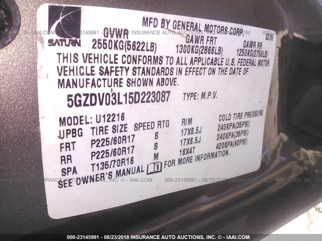 5GZDV03L15D223087 - 2005 SATURN RELAY 2 BROWN photo 9