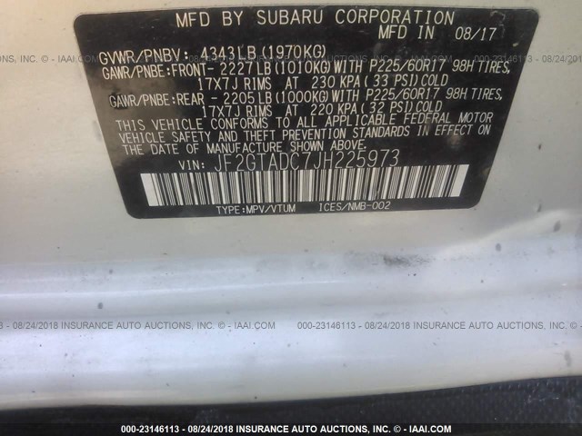JF2GTADC7JH225973 - 2018 SUBARU CROSSTREK PREMIUM Սպիտակ լուսանկար 9