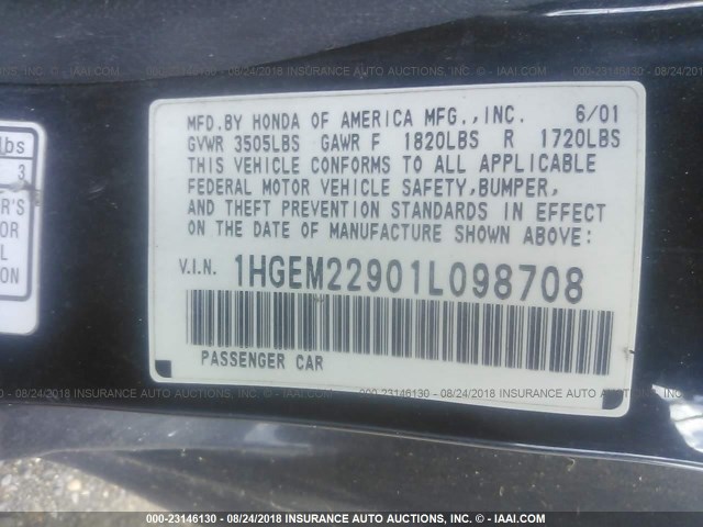 1HGEM22901L098708 - 2001 HONDA CIVIC SI/EX BLACK photo 9