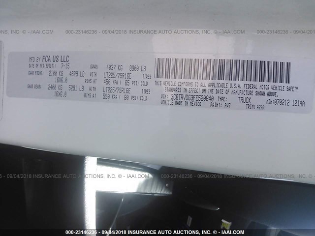 3C6TRVDG3FE520840 - 2015 RAM PROMASTER 2500 2500 HIGH WHITE photo 9