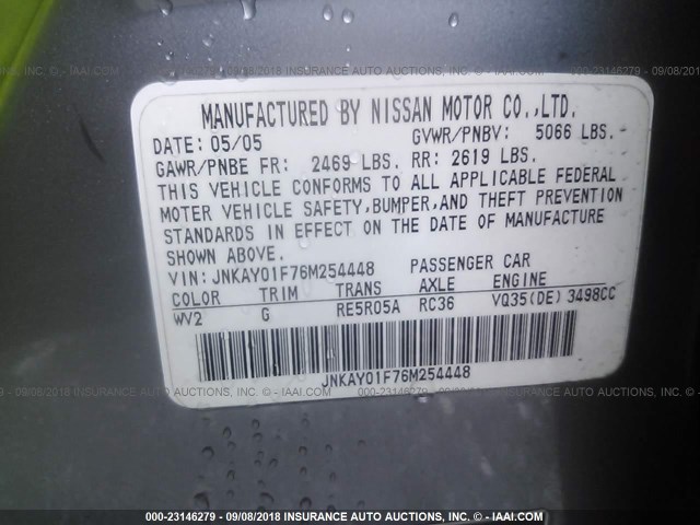 JNKAY01F76M254448 - 2006 INFINITI M35 SPORT GRAY photo 9