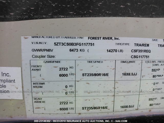 5ZT3CS0B3FG117751 - 2015 FOREST RIVER CRUSADER 351REQ  Շագանակագույն լուսանկար 9