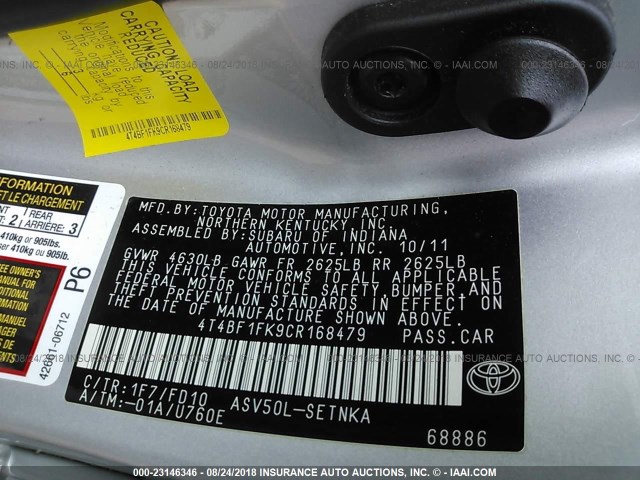 4T4BF1FK9CR168479 - 2012 TOYOTA CAMRY SE/LE/XLE ვერცხლისფერი ფოტო 9