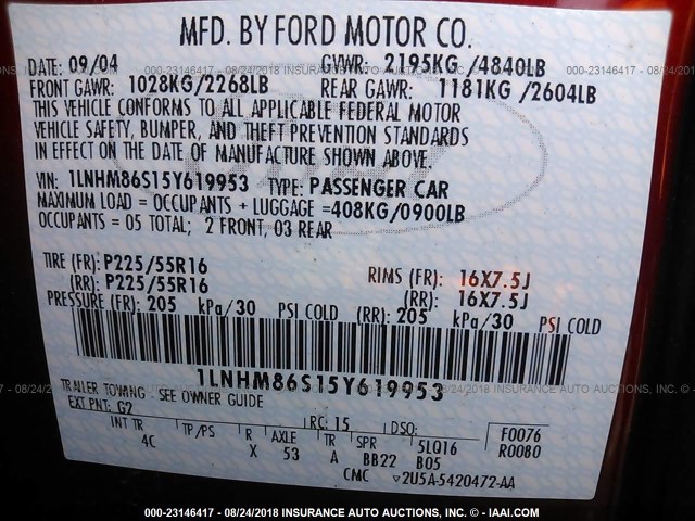 1LNHM86S15Y619953 - 2005 LINCOLN LS 红色 照片 9