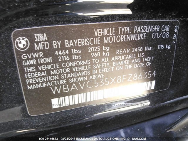 WBAVC535X8FZ86354 - 2008 BMW 328 I SULEV BLACK photo 9