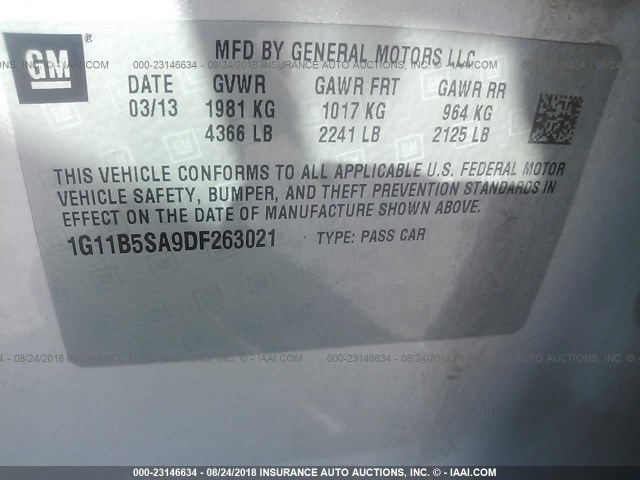 1G11B5SA9DF263021 - 2013 CHEVROLET MALIBU LS 银色 照片 9