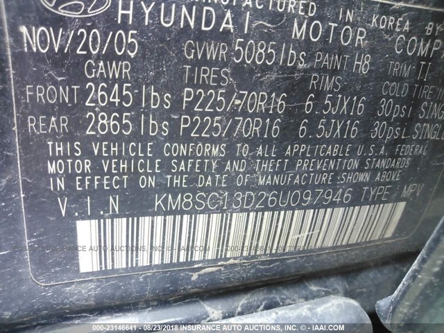 KM8SC13D26U097946 - 2006 HYUNDAI SANTA FE GLS/LIMITED BLACK photo 9