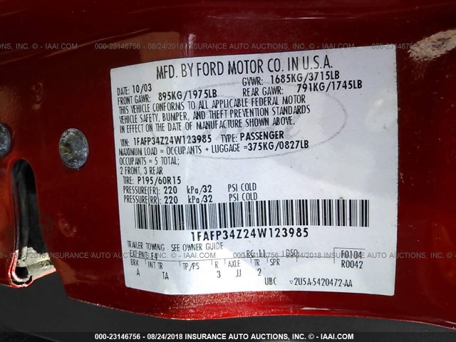 1FAFP34Z24W123985 - 2004 FORD FOCUS SE COMFORT/SE SPORT RED photo 9