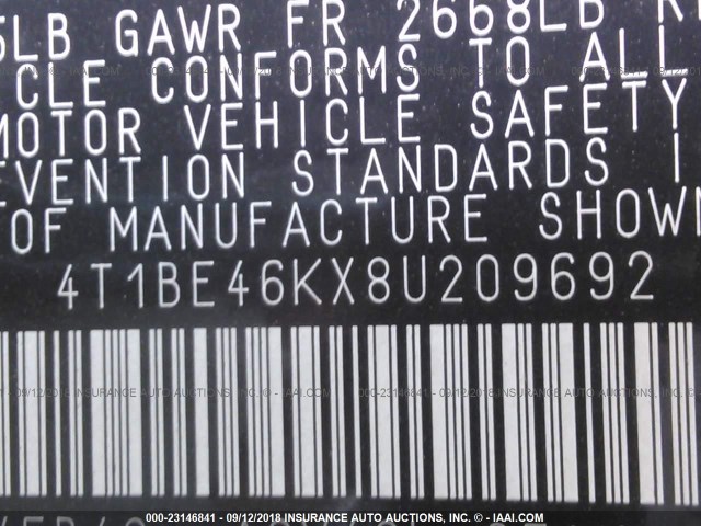4T1BE46KX8U209692 - 2008 TOYOTA CAMRY CE/LE/XLE/SE TAN photo 9
