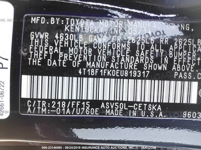 4T1BF1FK0EU819317 - 2014 TOYOTA CAMRY L/SE/LE/XLE 黑色 照片 9