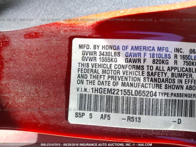 1HGEM22155L065204 - 2005 HONDA CIVIC DX VP RED photo 9