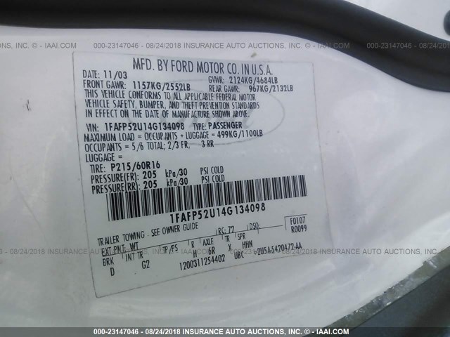 1FAFP52U14G134098 - 2004 FORD TAURUS LX WHITE photo 9