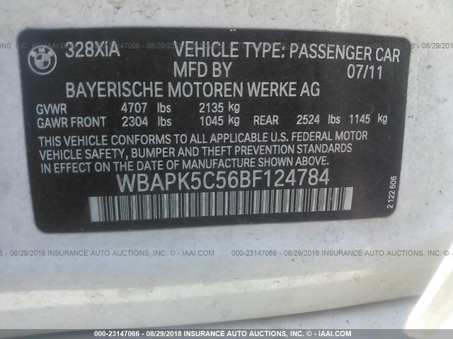 WBAPK5C56BF124784 - 2011 BMW 328 XI SULEV WHITE photo 9